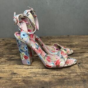 Aldo Pink Floral Print Block Heel Ankle Strap Sandal Women's US 8 Wedding Guest